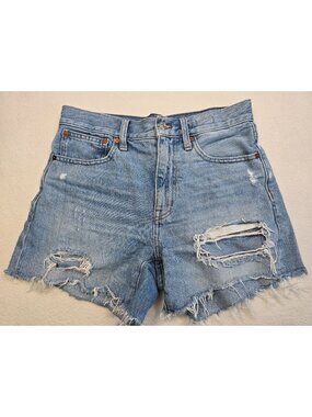 Madewell Relaxed Mid-Length Denim Shorts Distressed Light Wash Size 25 100% Cott